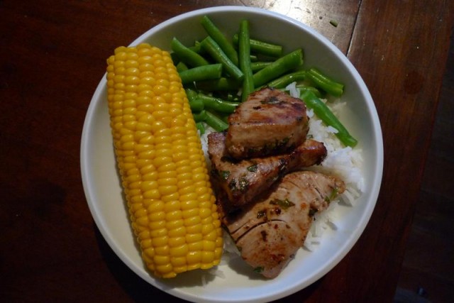 YFT pan fried with corn, beans and rice